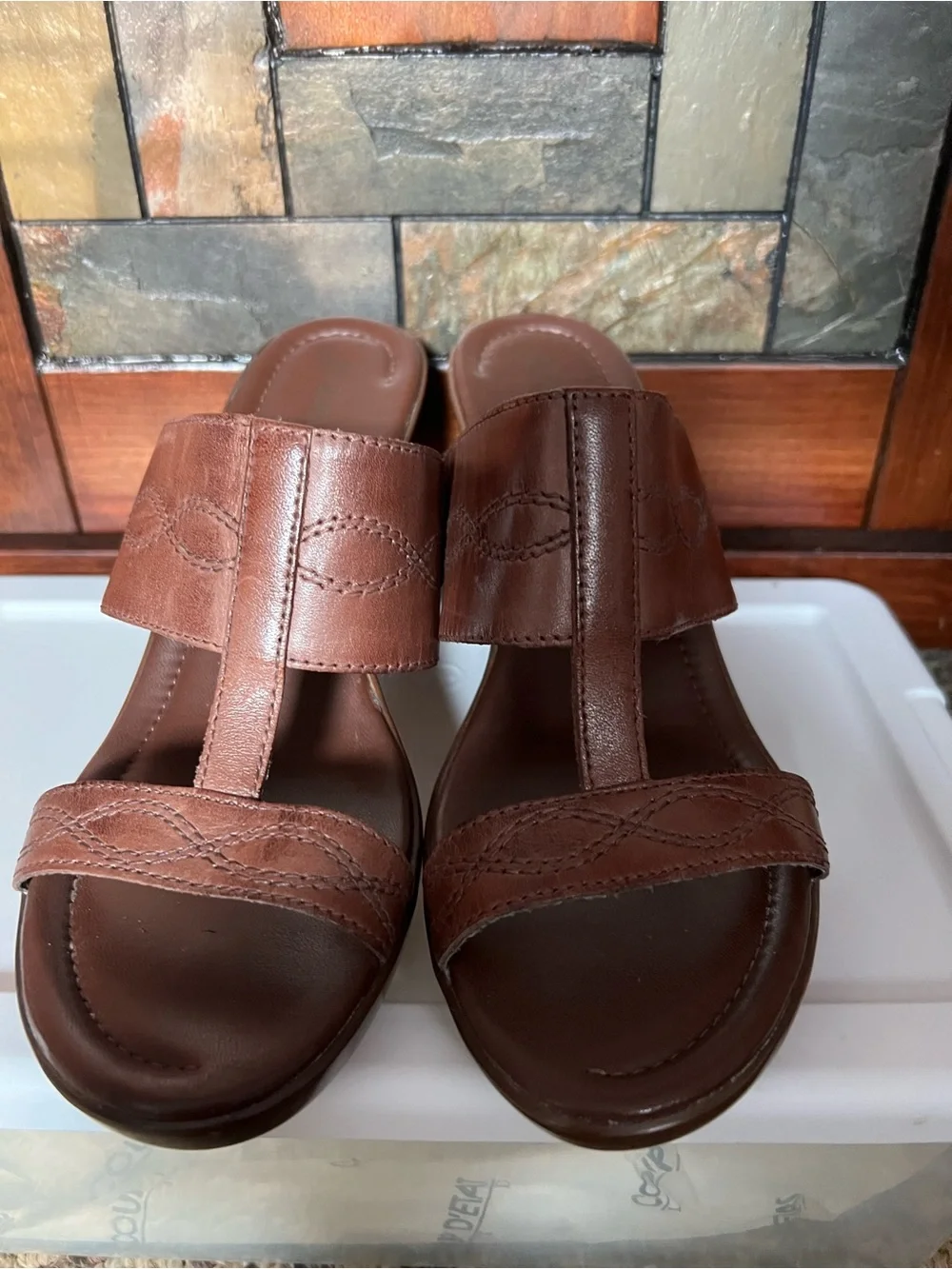 St. John's Bay Brown Leather Slip-On T-Strap Sandals